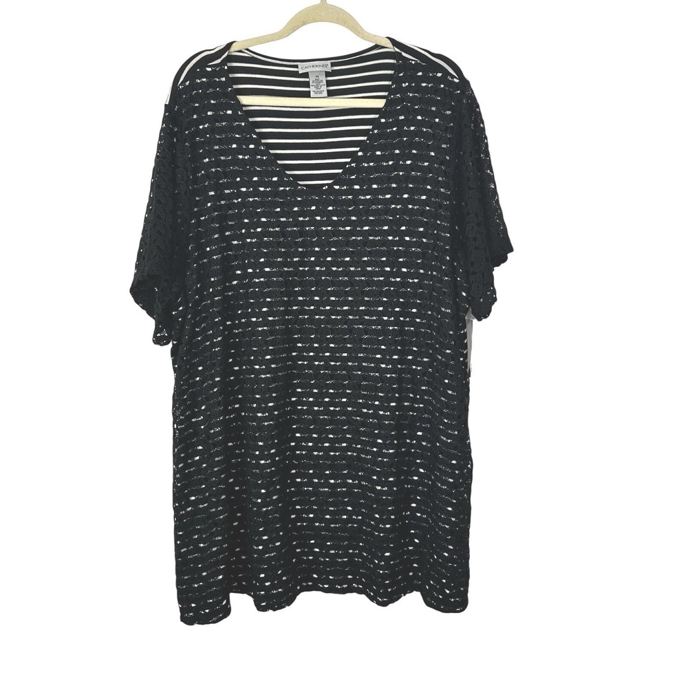 Catherine's Striped Lace Top Womens 3X Pullover Black White Mixed Media New Flaw